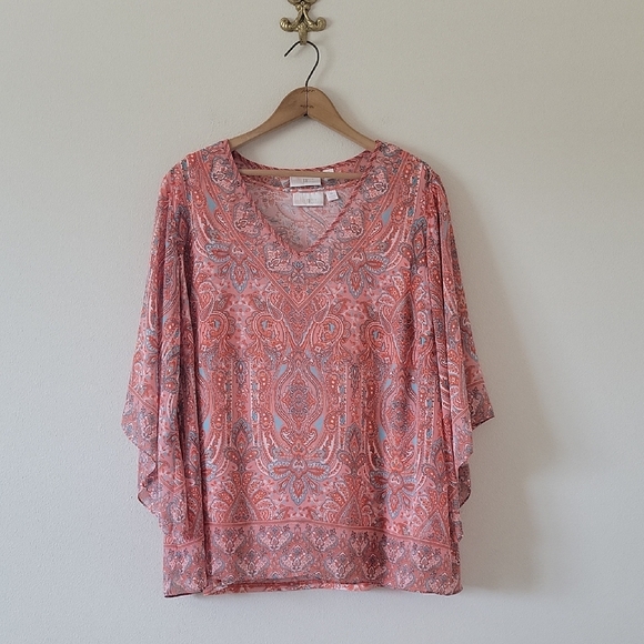 Belle by Kim Gravel Pink Orange Paisley Bell Sleeve Blouse and Tank Set Size 1X - Picture 2 of 9